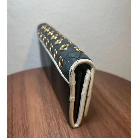 Miu Miu Leather Long Wallet Deep Navy Gold Grommet Studded Edgy Biker Alt Grunge - Picture 4 of 8